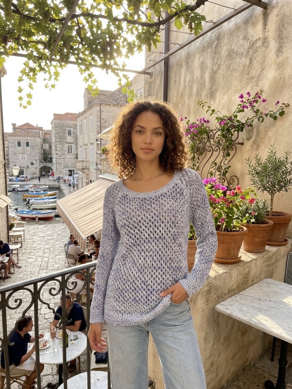 American Eagle Open Stitch Marled Blue Tunic Sweater Beachy Boho Medium